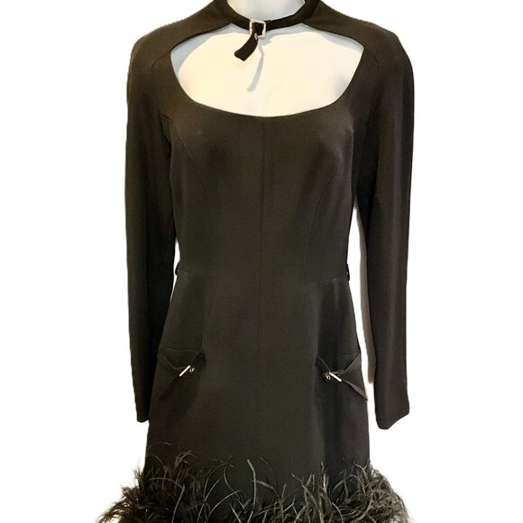 Mugler Black Wool Cocktail Dress with Feather Trim Size S - Picture 1 of 12